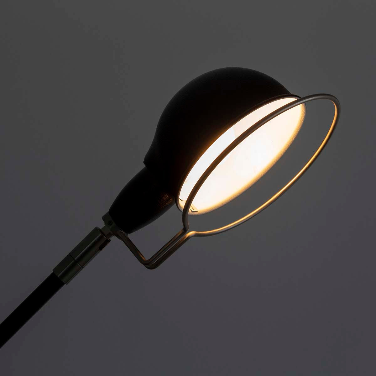 丸みを帯びたヘッドがユニークなブラックのフロアライトに明かりを灯して