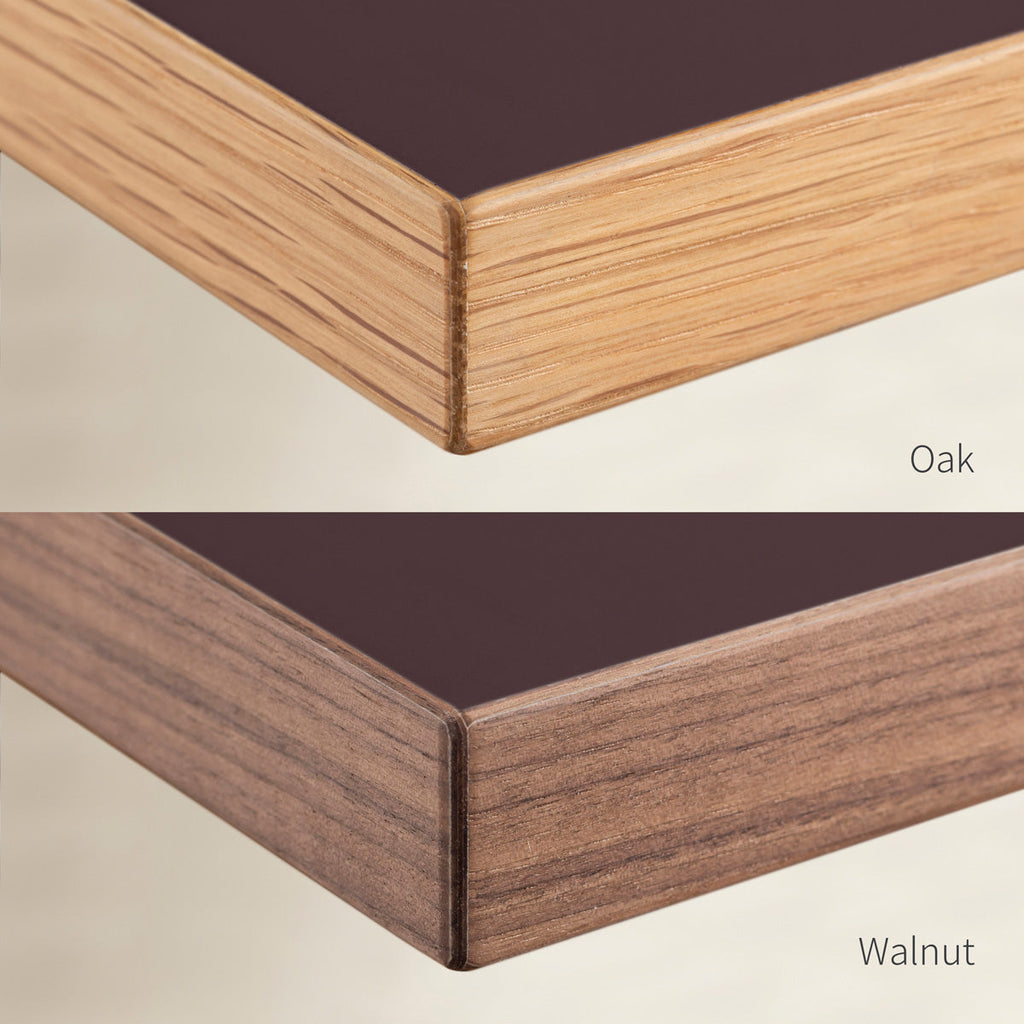 KanademonoのリノリウムBurgundy天板の木口画像（上：オーク/下：ウォルナット）