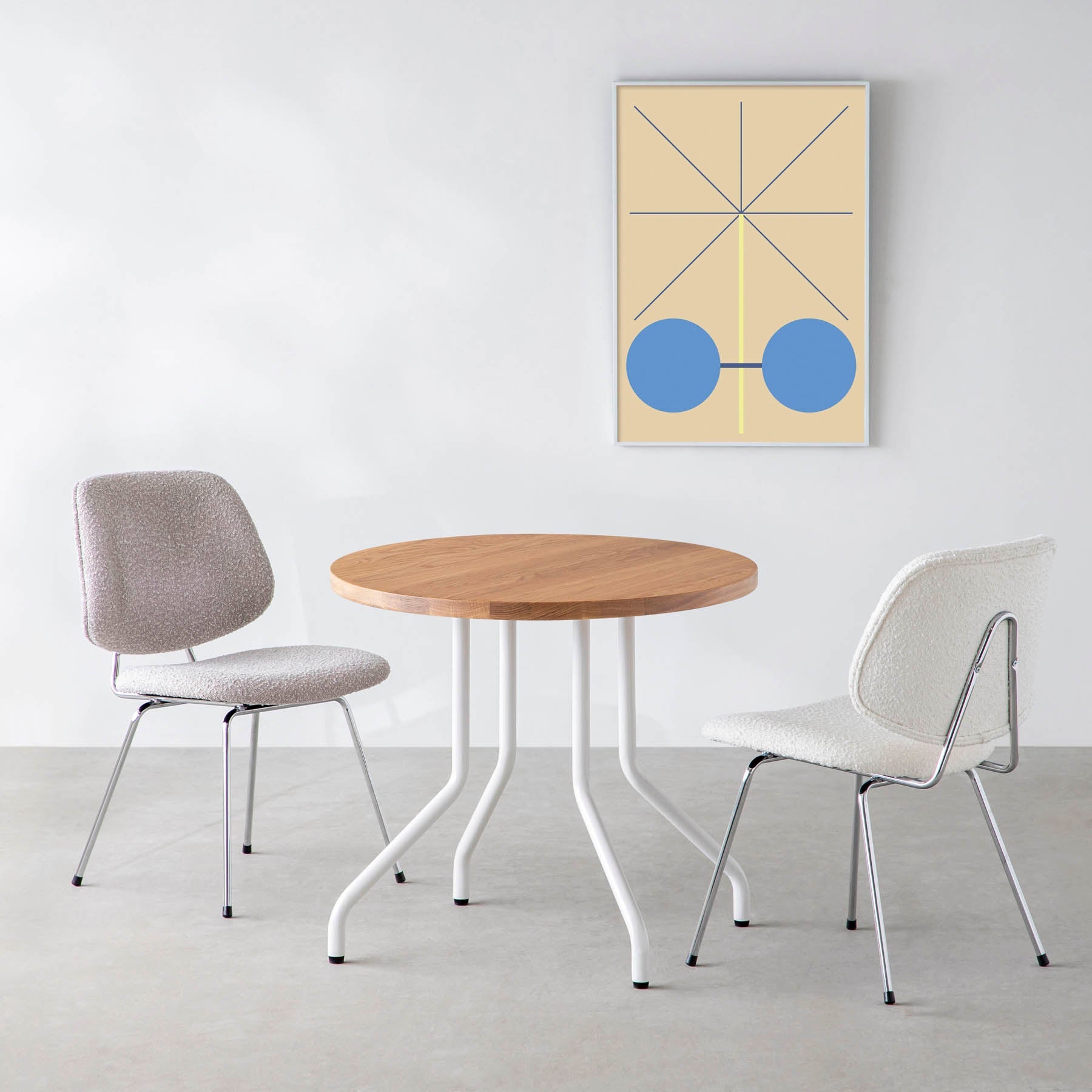 スマート造作カフェテーブル / 無垢 ホワイトオーク　白スチール脚 4本脚 × ラウンド φ61 - 80