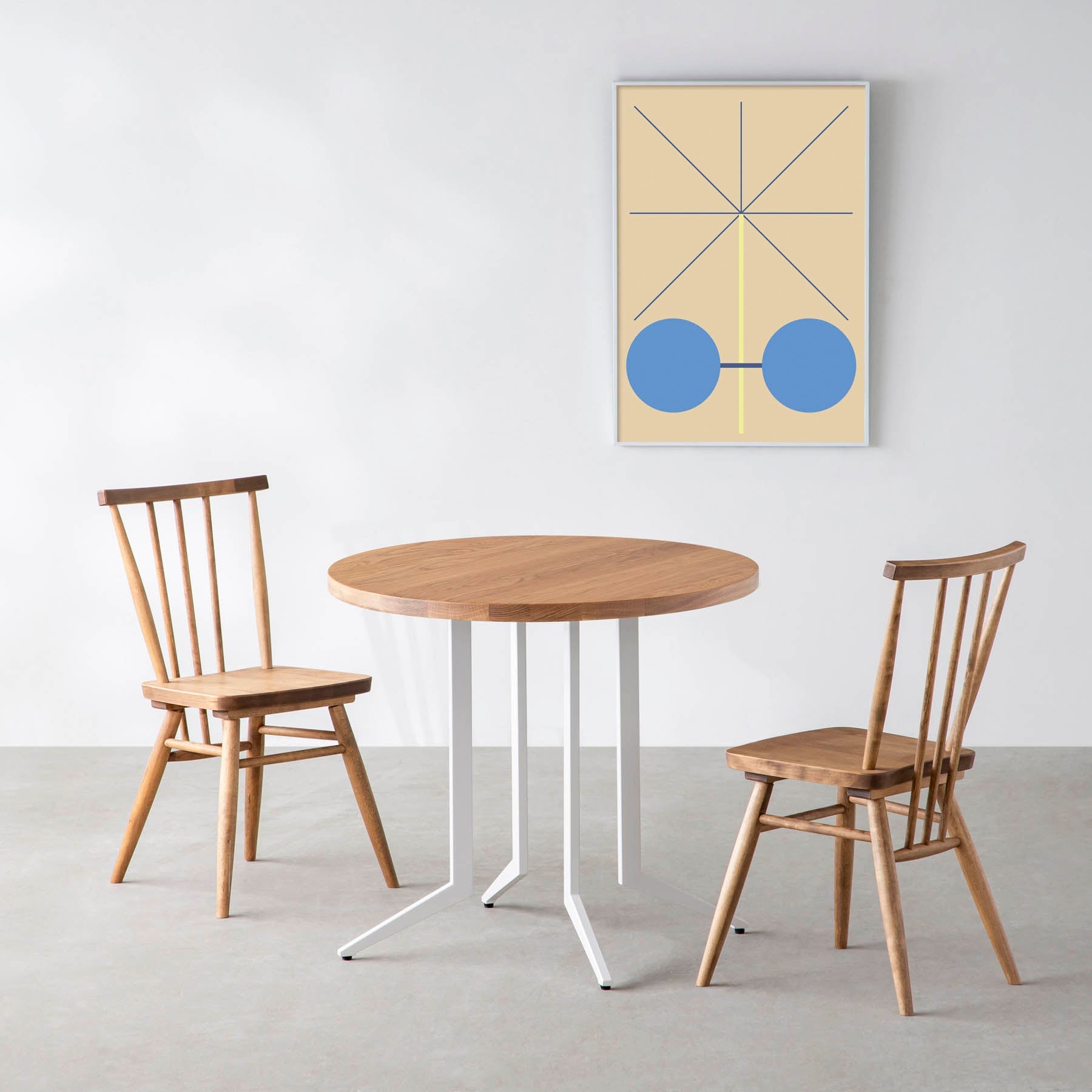 スマート造作カフェテーブル / 無垢 ホワイトオーク　白スチール脚 4本脚 × ラウンド φ61 - 80