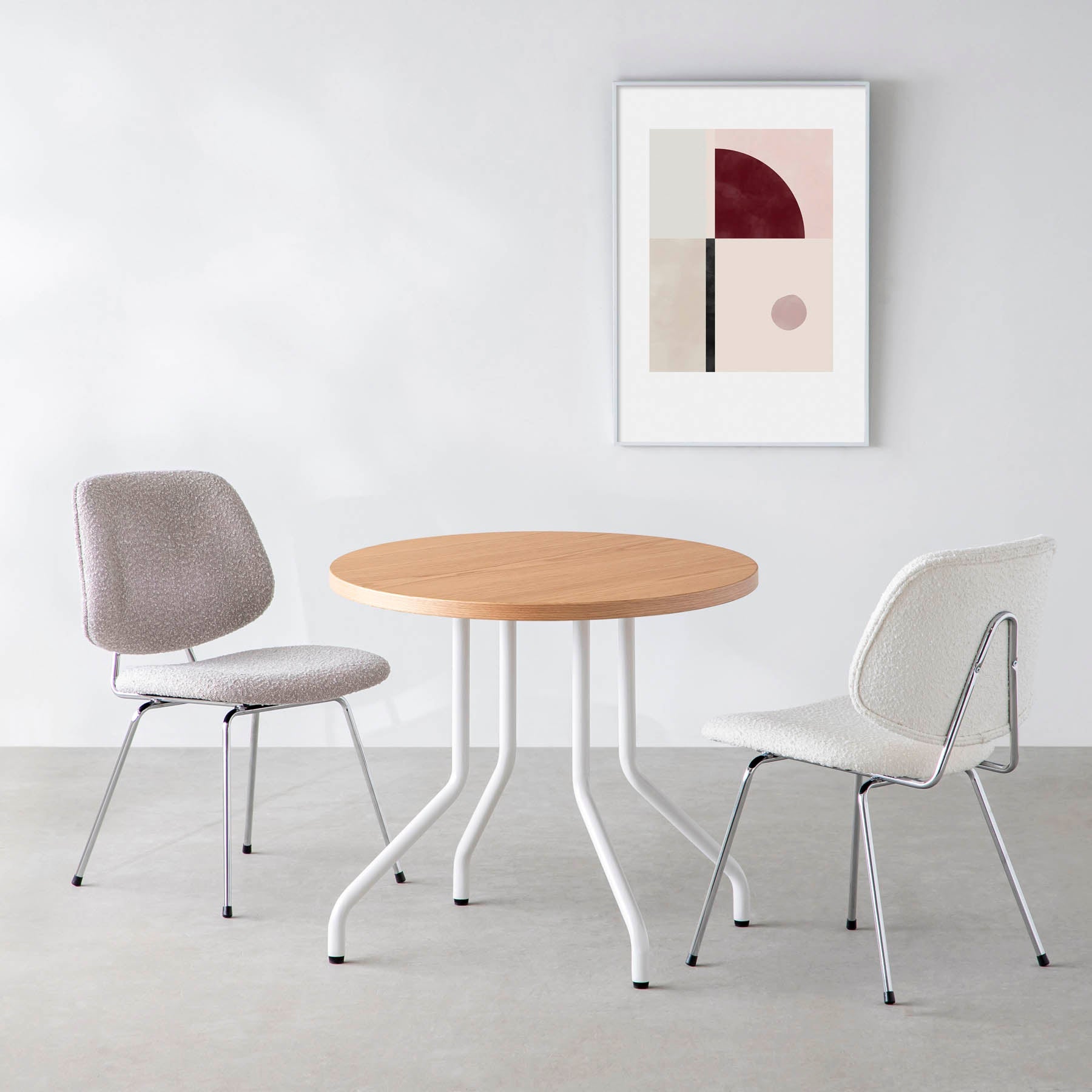 スマート造作カフェテーブル / ホワイトオーク　白スチール脚 4本脚 × ラウンド φ61 - 80