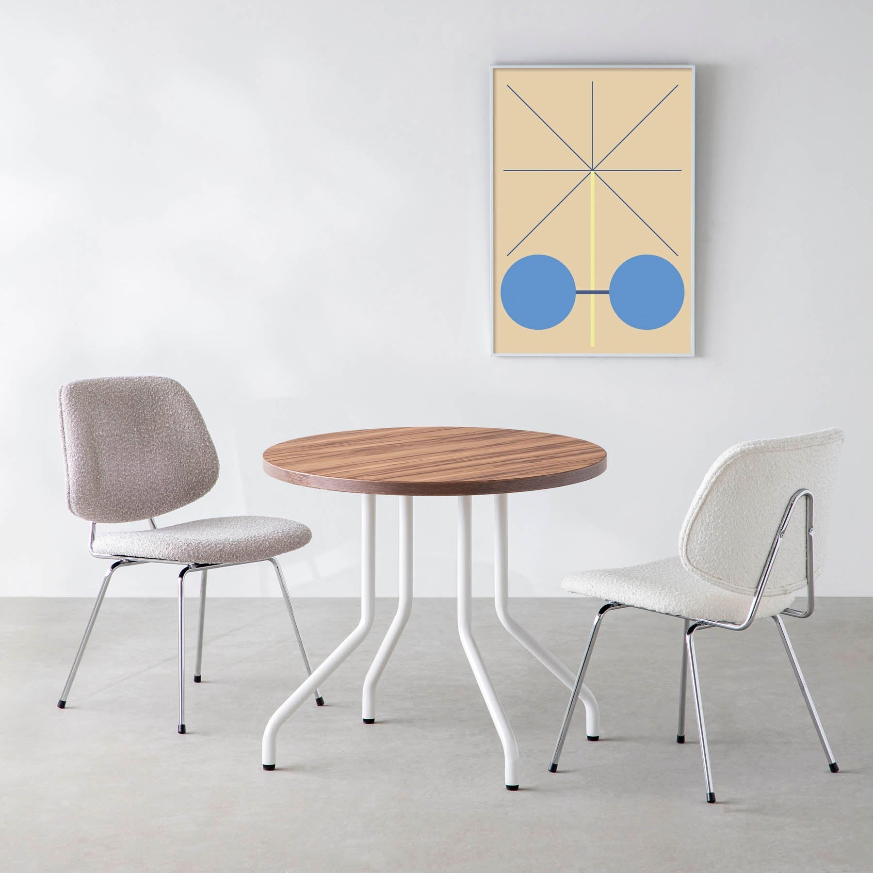 スマート造作カフェテーブル / サテンウォルナット　白スチール脚 4本脚 × ラウンド φ81 - 90