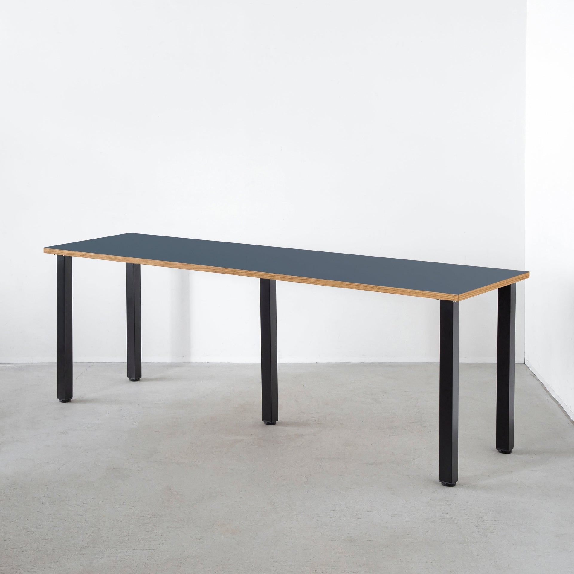 スマート造作テーブル / リノリウム ブルー系 × 黒スチール脚 × W181 - 300cm D40 - 69cm
