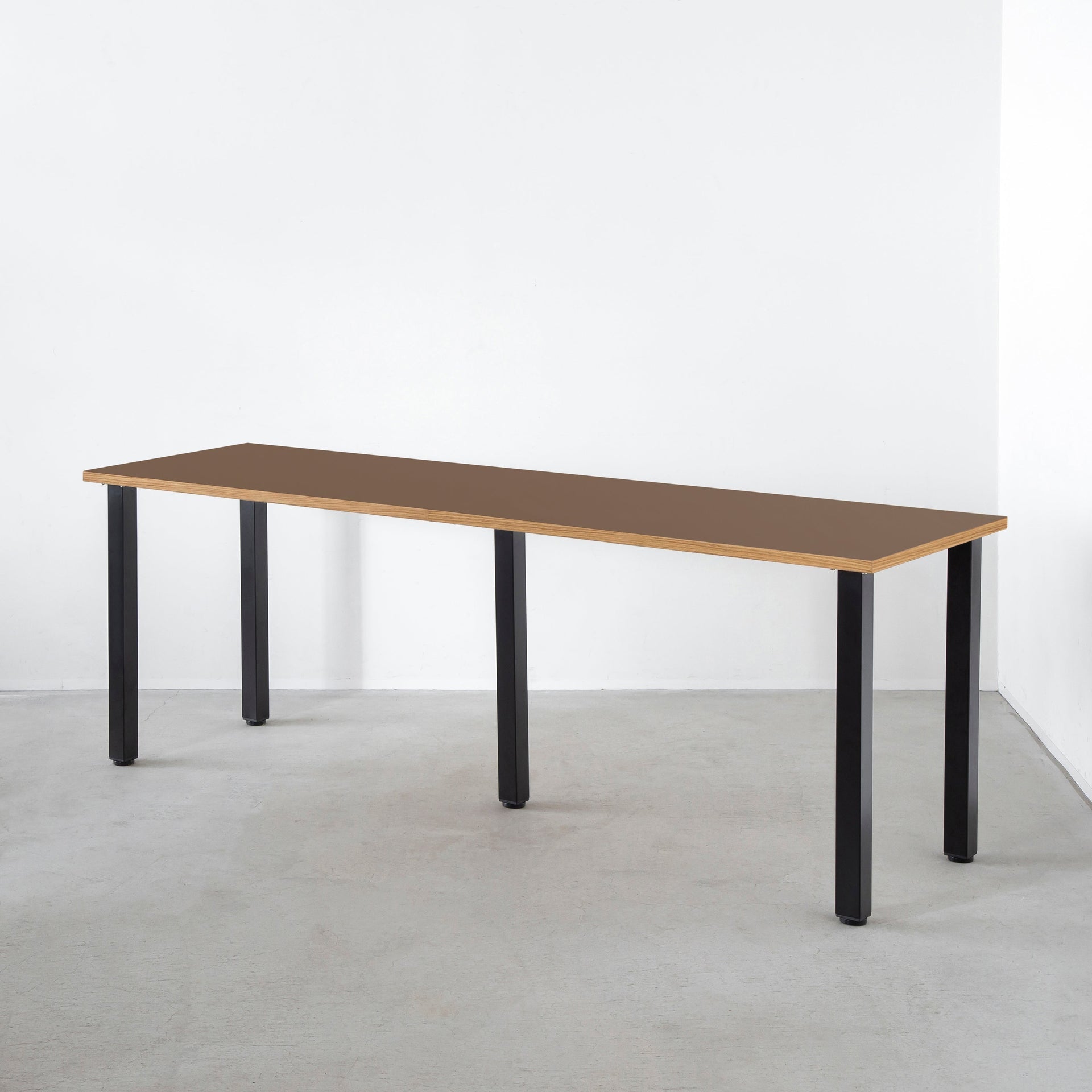 スマート造作テーブル / リノリウム ブラック・ブラウン系 × 黒スチール脚 × W181 - 300cm D40 - 69cm