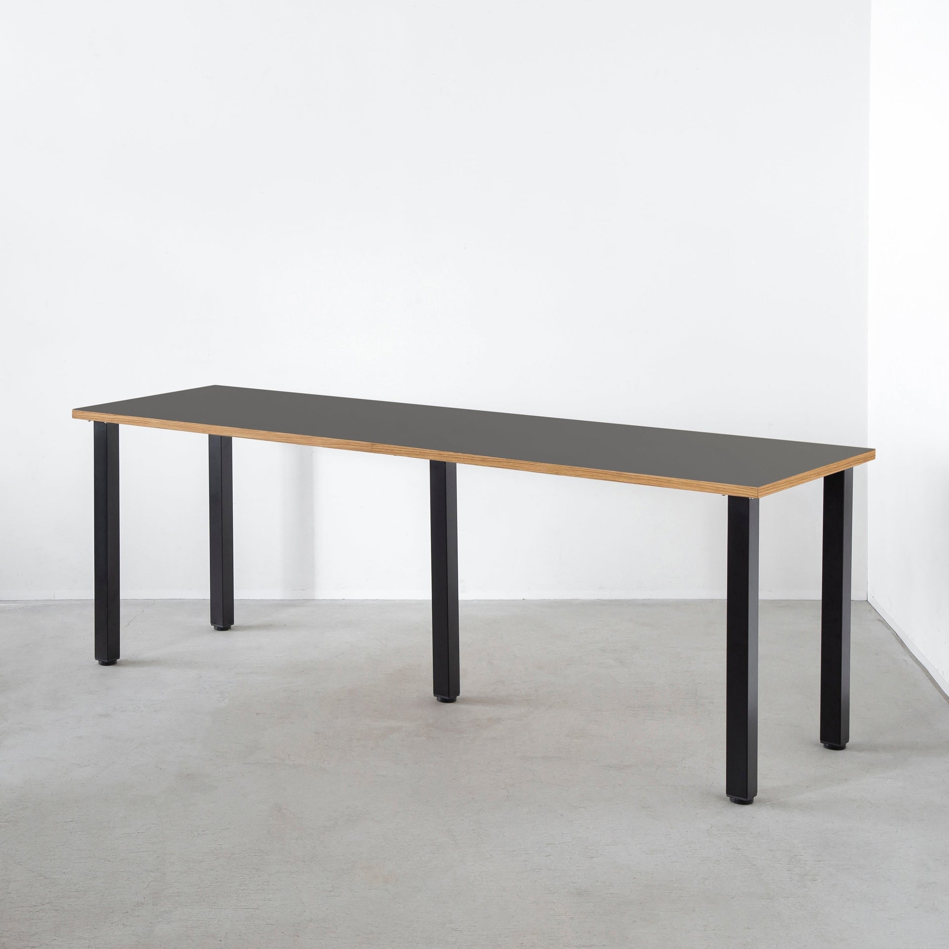 スマート造作テーブル / リノリウム ブラック・ブラウン系 × 黒スチール脚 × W181 - 300cm D40 - 69cm