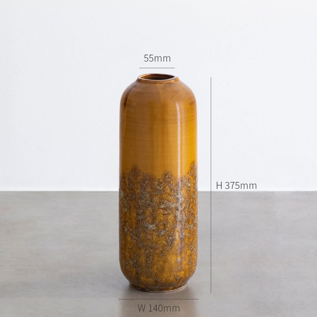 非防水の陶器を使用したイエローオーカーの大きいサイズのフラワーベース（寸法画像）