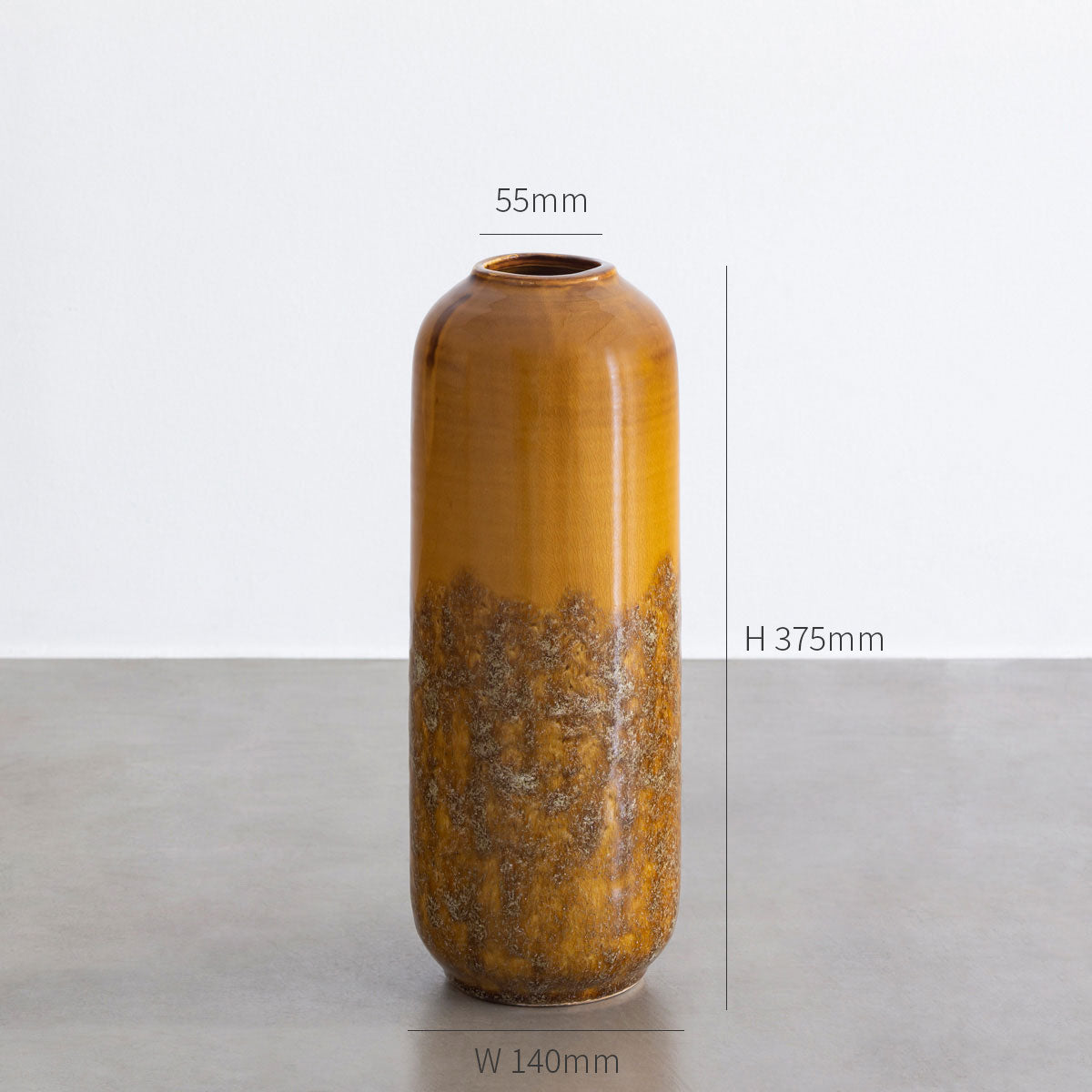 非防水の陶器を使用したイエローオーカーの大きいサイズのフラワーベース（寸法画像）