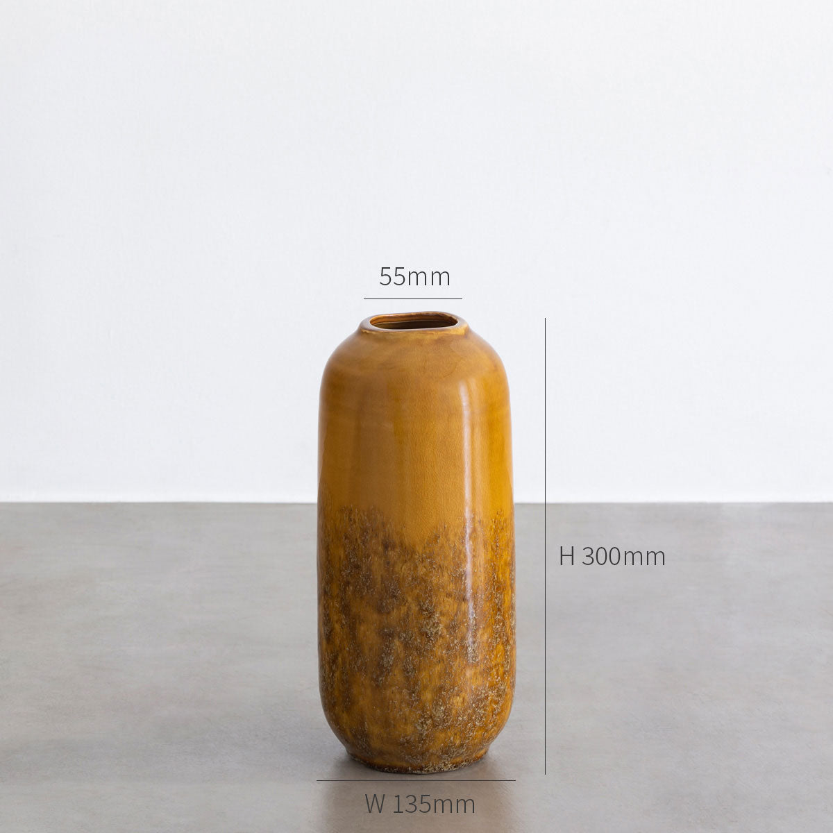 非防水の陶器を使用したイエローオーカーの小さいサイズのフラワーベース（寸法画像）