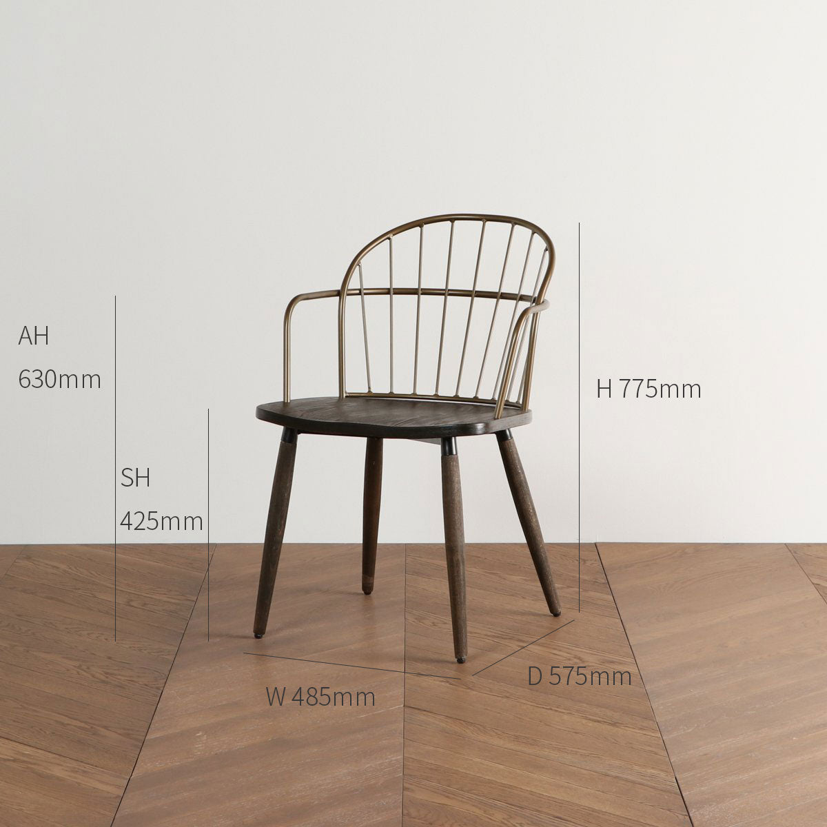 木目調の座面とブロンズの背もたれがクラシカルなチェア(サイズ・寸法詳細)