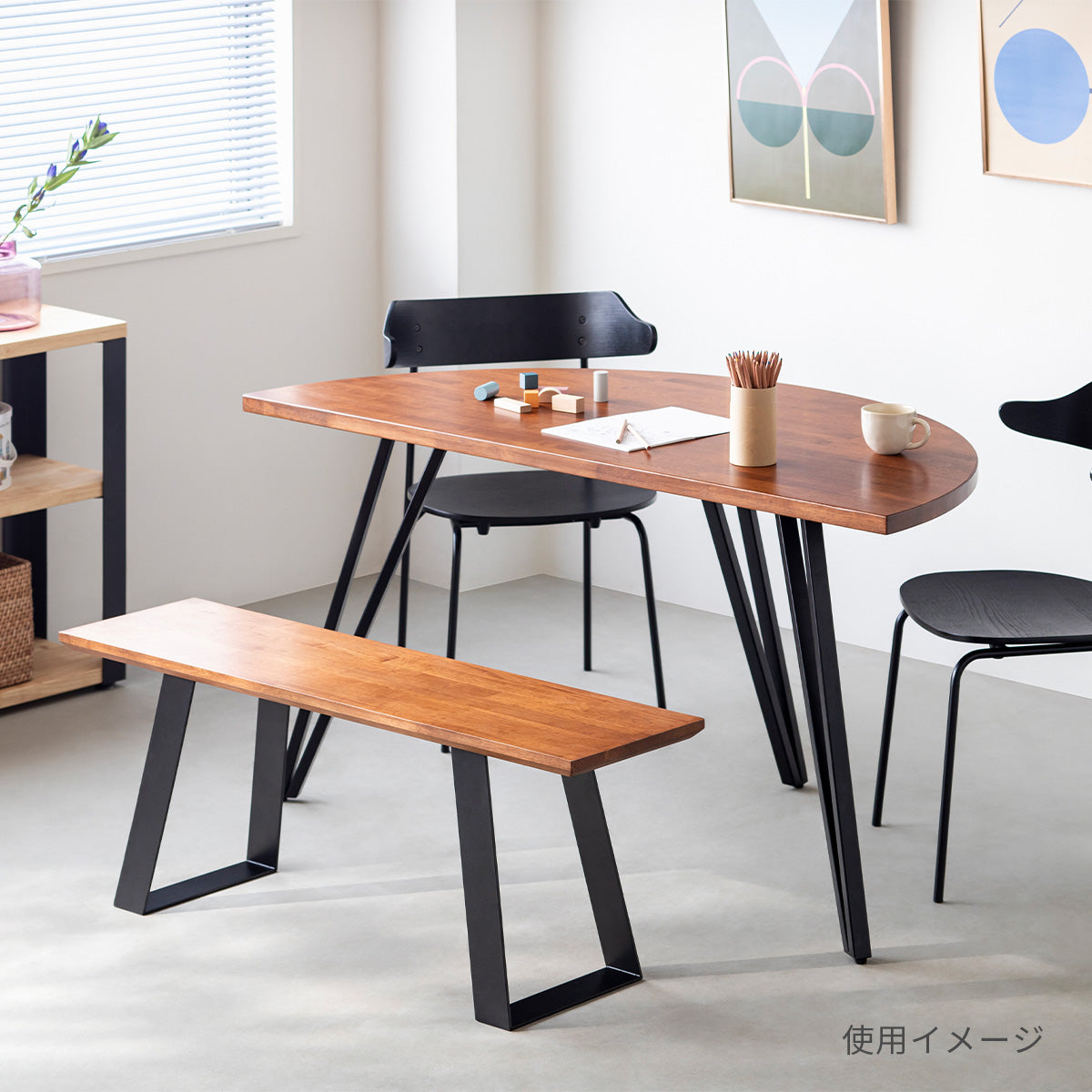 スマート造作テーブル / 半円 × リノリウム 全32色 × 黒スチール脚