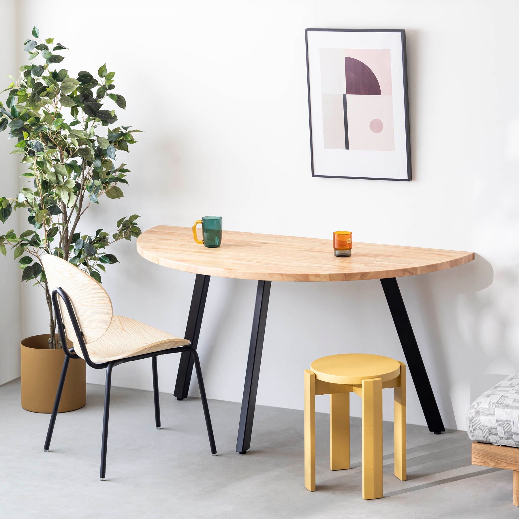 スマート造作テーブル / 半円 × ラバーウッド × 黒スチール脚