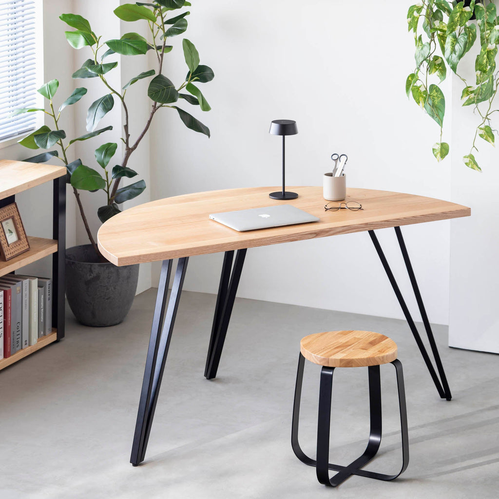 スマート造作テーブル / 半円 × 無垢 ホワイトアッシュ × 黒スチール脚