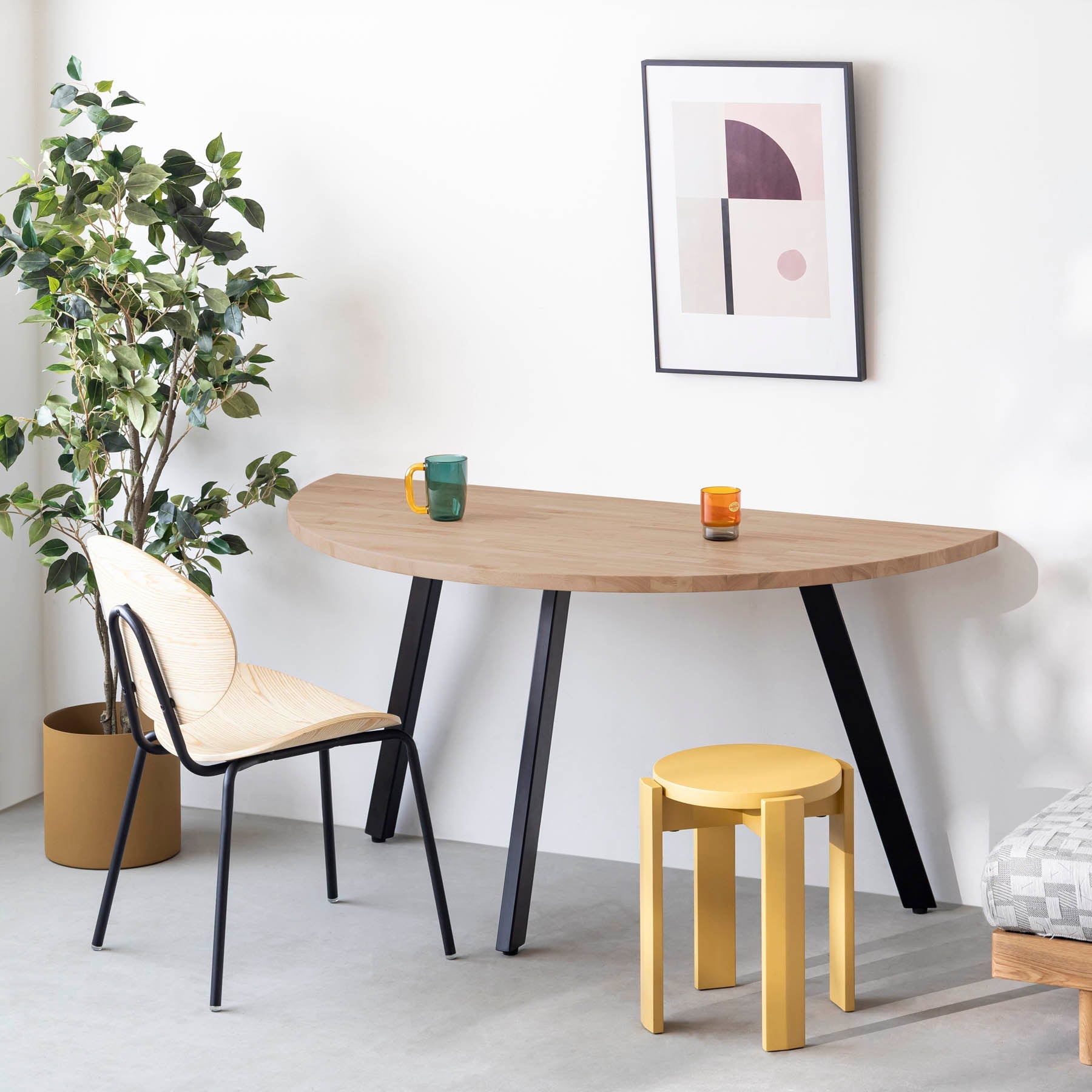 スマート造作テーブル / 半円 × ラバーウッド × 黒スチール脚