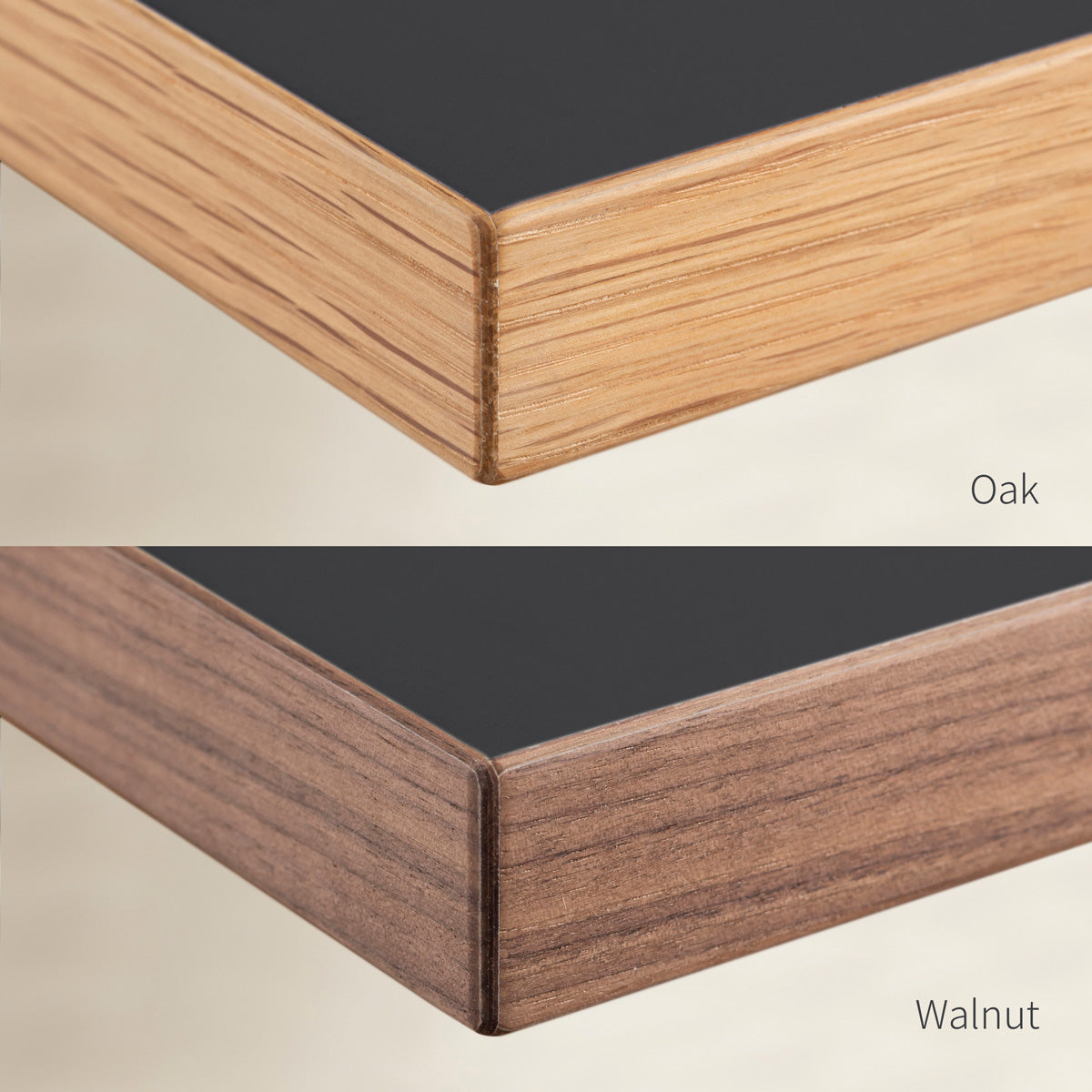 KanademonoのリノリウムChacoal天板の木口画像（上：オーク/下：ウォルナット）