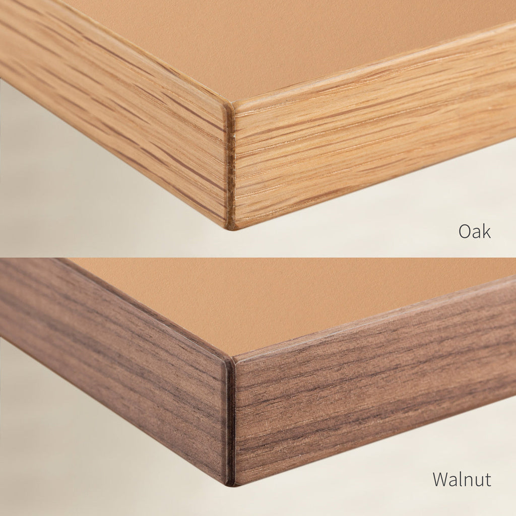 KanademonoのリノリウムOlive天板の木口画像（上：オーク/下：ウォルナット）