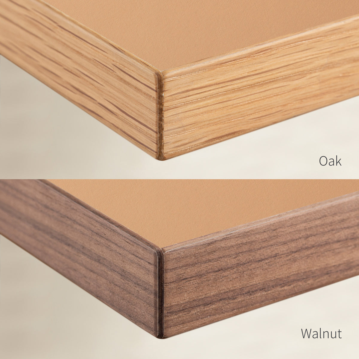 KanademonoのリノリウムOlive天板の木口画像（上：オーク/下：ウォルナット）