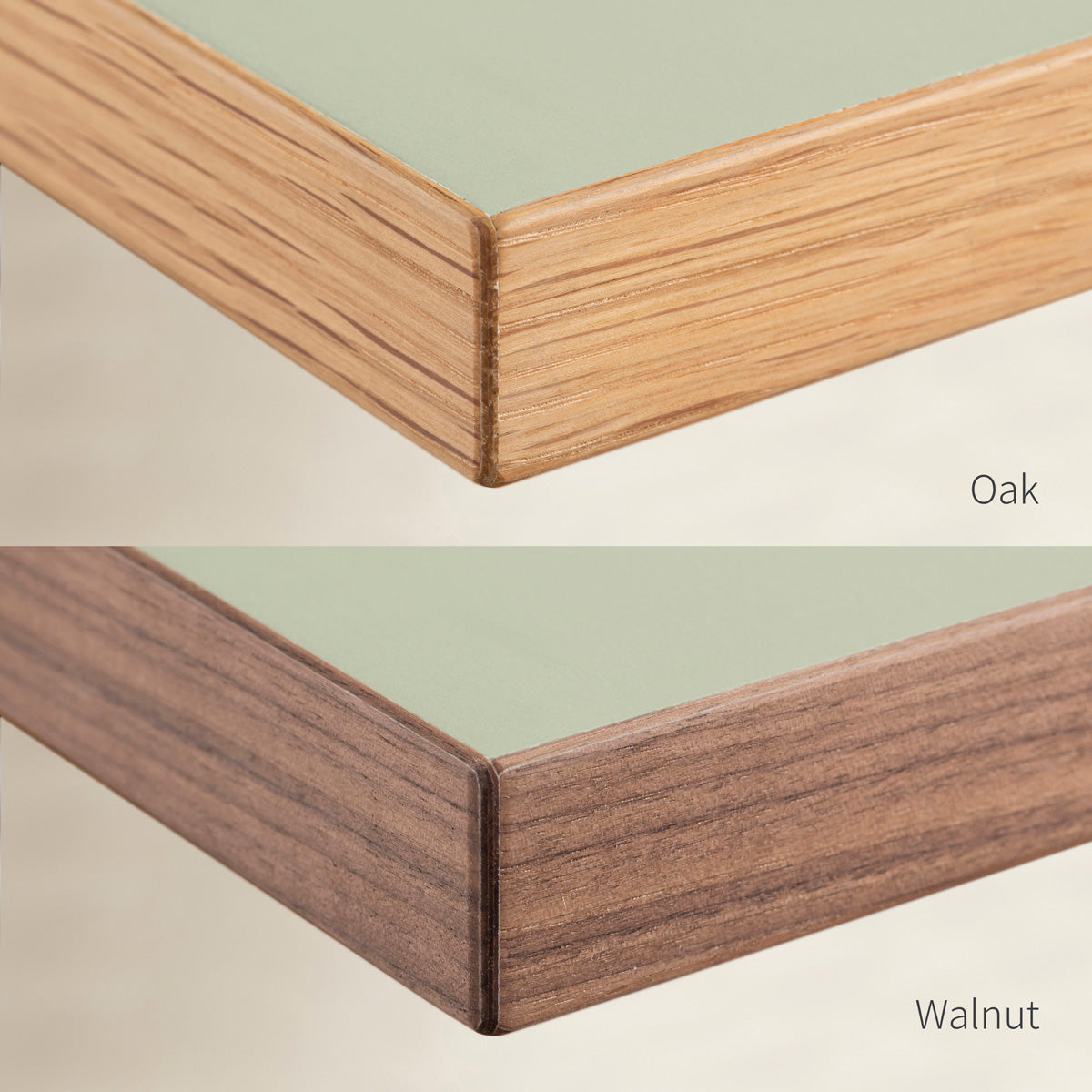 KanademonoのリノリウムPistachio天板の木口画像（上：オーク/下：ウォルナット）