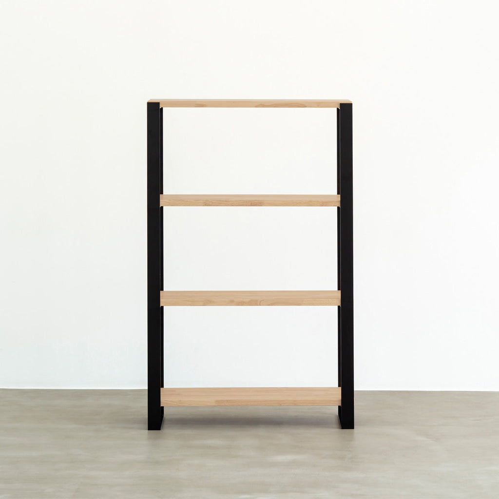 KANADEMONOのラバーウッドアッシュの棚板とアイアン脚を組み合わせたシェルフ（正面）