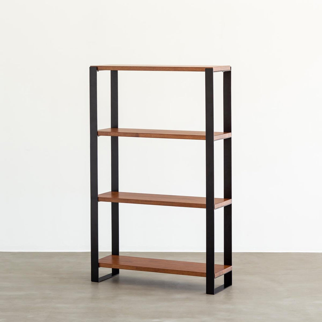 Kanademonoのラバーウッド材チークブラウンの棚板とアイアン脚を組み合わせたシェルフ