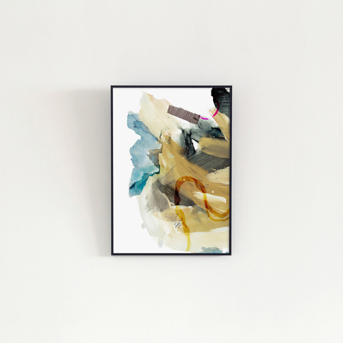 Kanademonoのアースカラー＋ブルーをアクセントに多様なタッチで描いた抽象画水彩アートA2＋ブラックフレーム