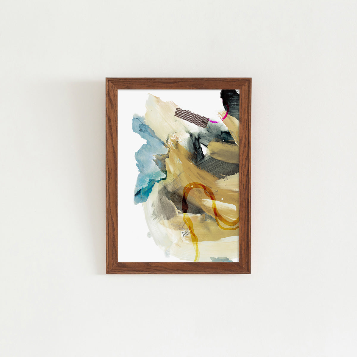 Kanademonoのアースカラー＋ブルーをアクセントに多様なタッチで描いた抽象画水彩アートA2＋ブラウンウッドフレーム
