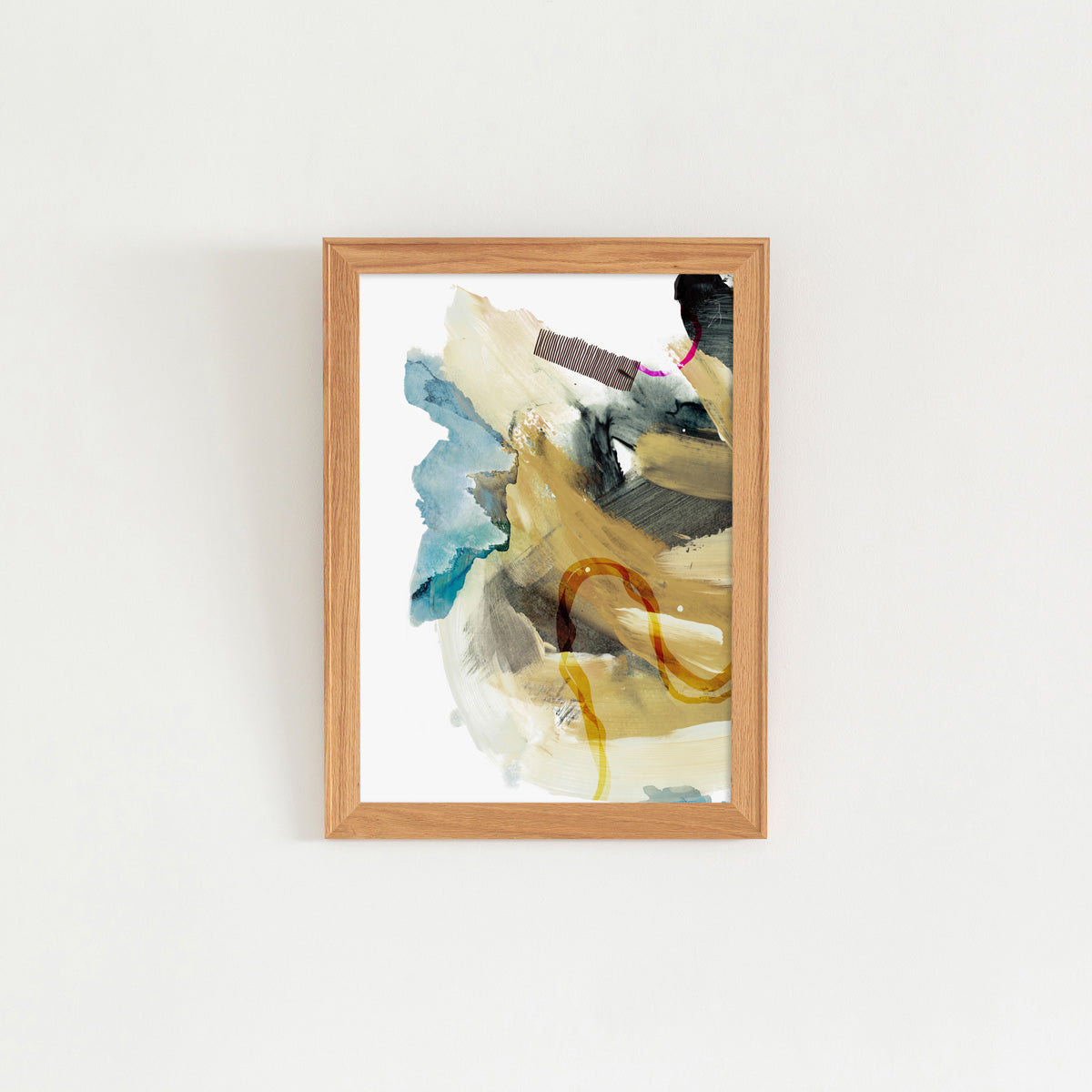 Kanademonoのアースカラー＋ブルーをアクセントに多様なタッチで描いた抽象画水彩アートA2＋ナチュラルウッドフレーム