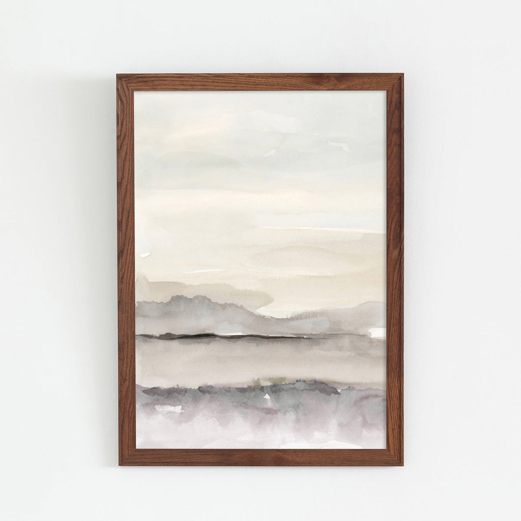 Kanademonoのモノトーンで淡く描いた水彩抽象画アートA1＋ブラウンウッドフレーム
