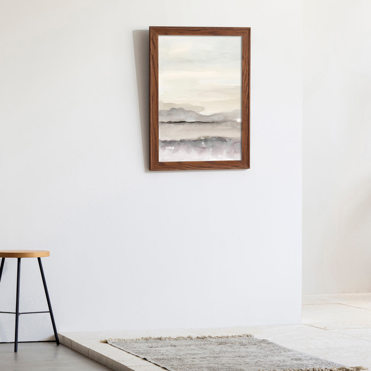 Kanademonoのモノトーンで淡く描いた水彩抽象画アートA２＋ブラウンウッドフレーム（エントランス使用例）