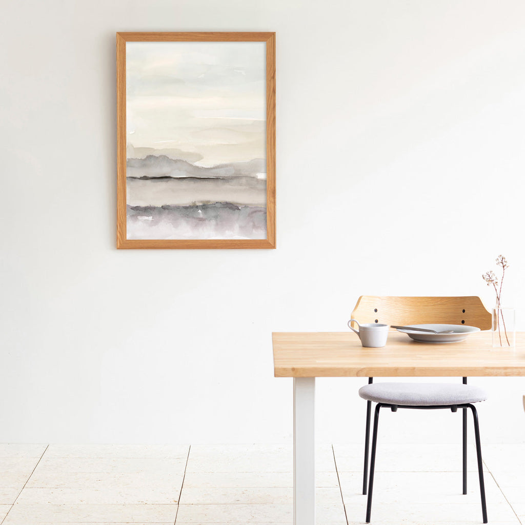 Kanademonoのモノトーンで淡く描いた水彩抽象画アートA１＋ナチュラルウッドフレーム（ダイニング使用例）