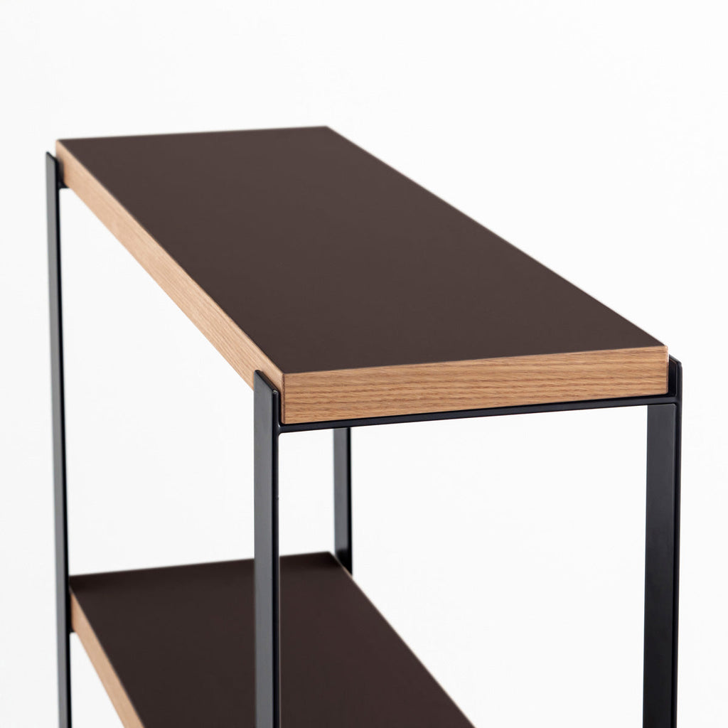 Kanademonoのリノリウム素材の棚板にブラックのアイアンフレームを組み合わせたシェルフ/Mauve（上からのアングル）