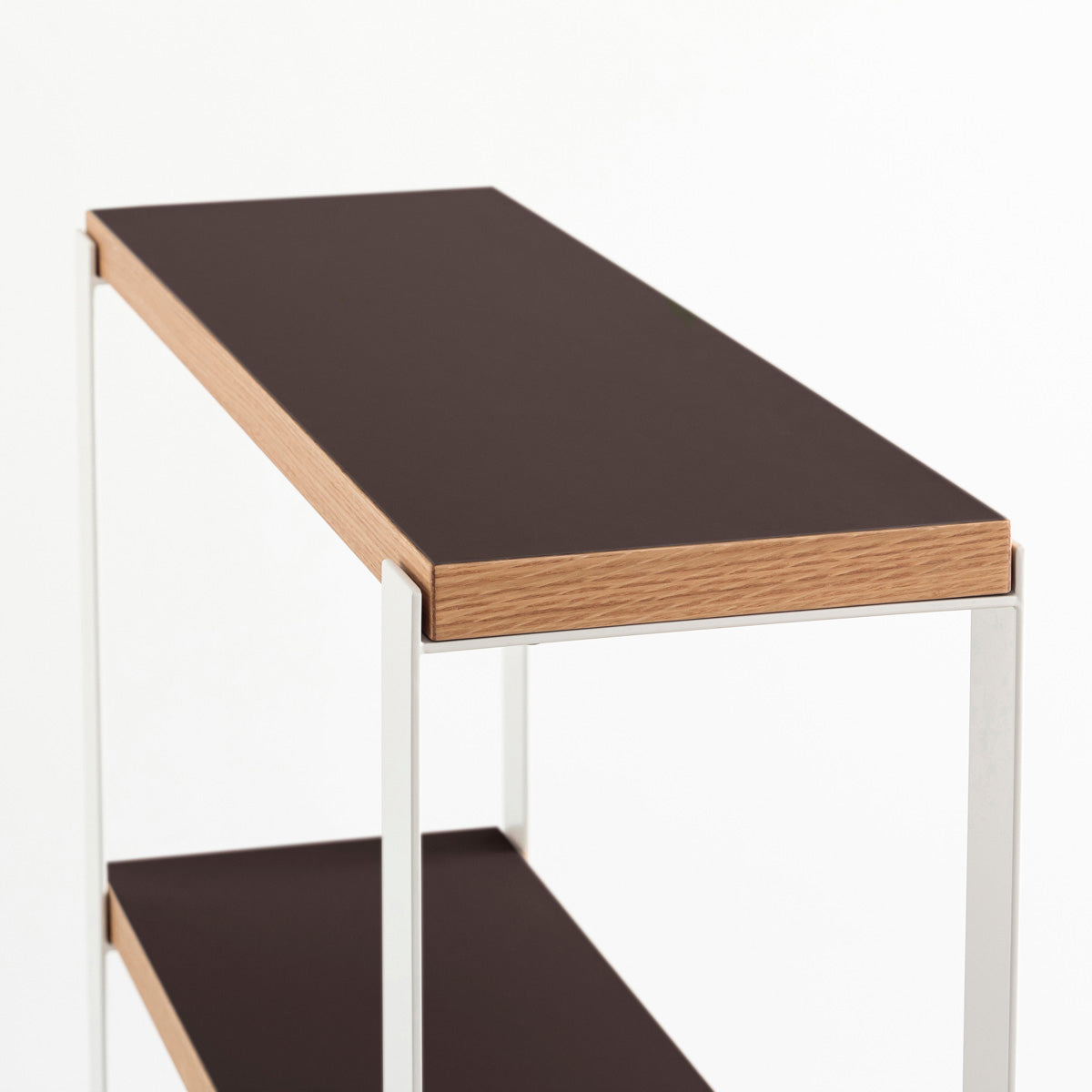 Kanademonoのリノリウム素材の棚板にホワイトのアイアンフレームを組み合わせたシェルフ/Mauve（上からのアングル）