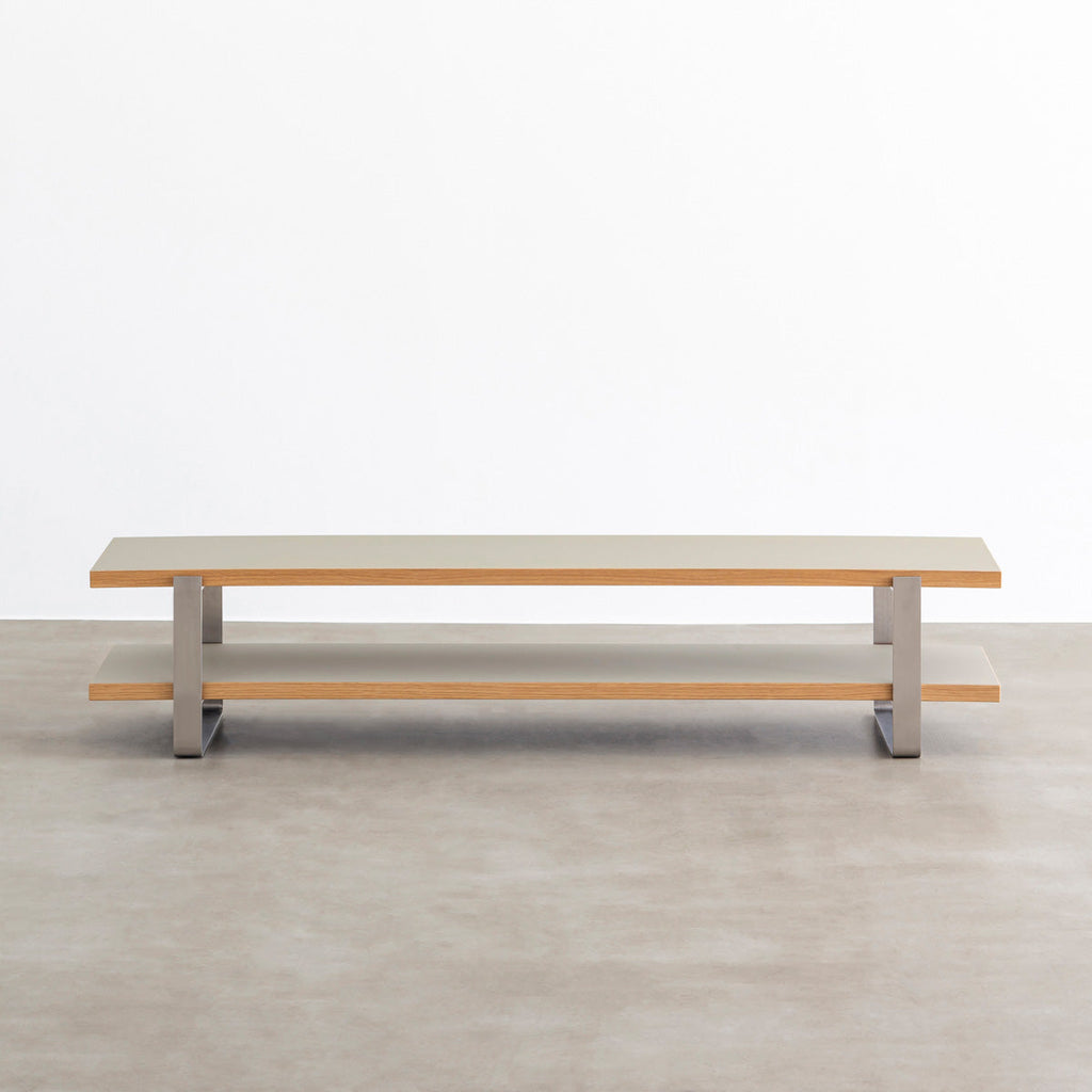 KANADEMONOのリノリウム（Pebble）天板にステンレスプレート脚を組み合わせたテレビ台/ローテーブル
