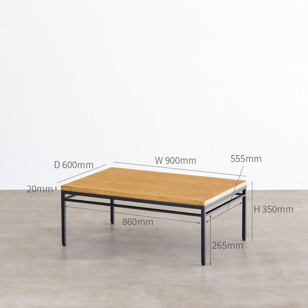 オーク天然木＋ブラックアイアンのシンプルなデザインが洗練された印象のセンターテーブル・Mサイズ（寸法画像）