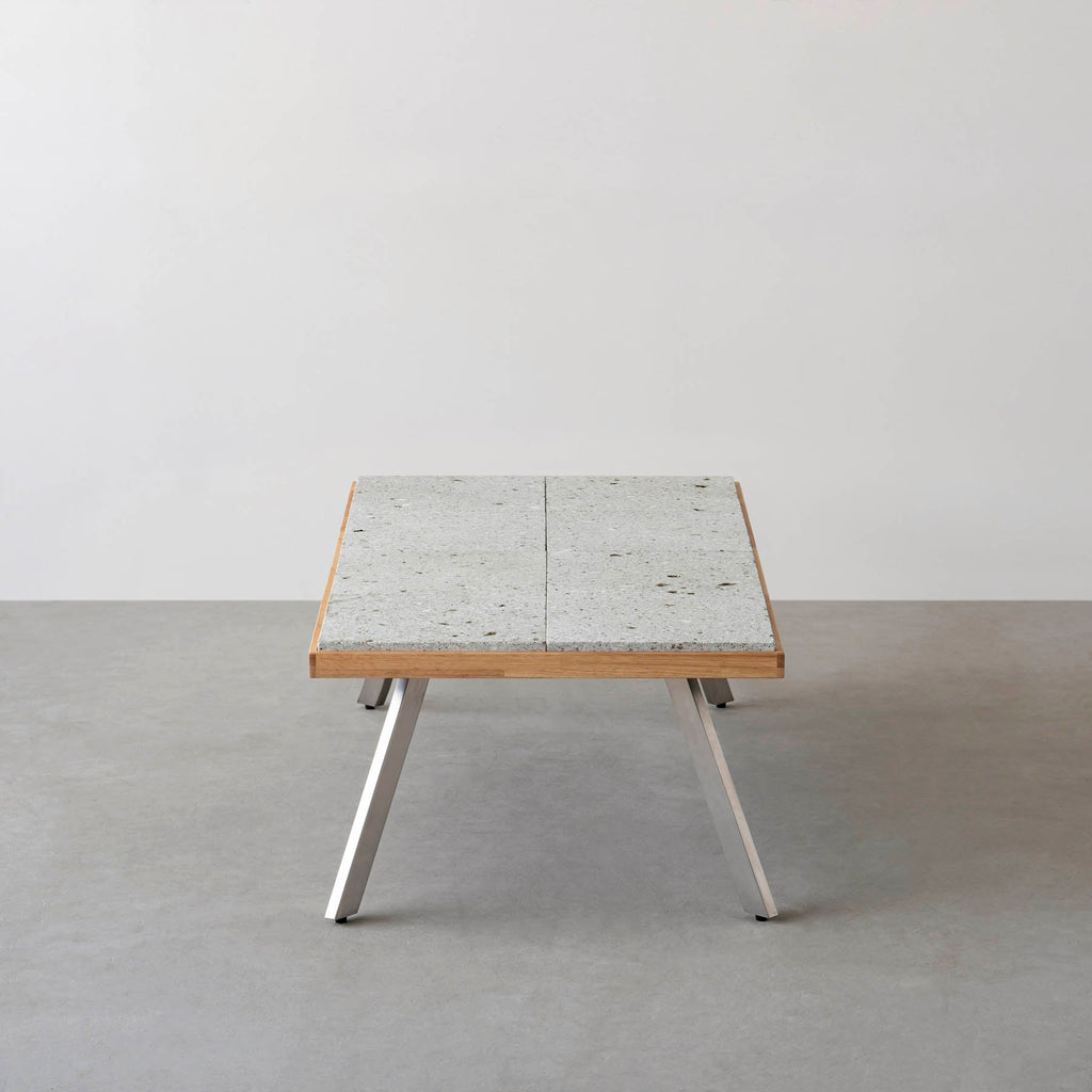 スマート造作ローテーブル / 大谷石 × ラバーウッド × ステンレススチール脚