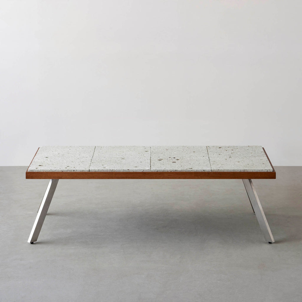 スマート造作ローテーブル / 大谷石 × ラバーウッド × ステンレススチール脚
