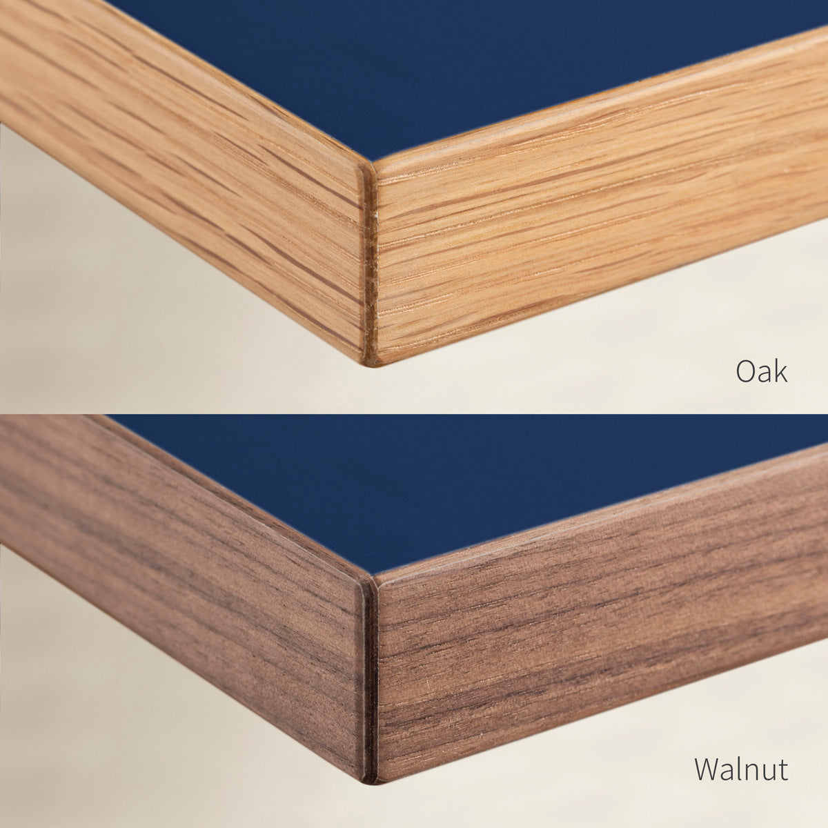 KanademonoのリノリウムMidnight_blue天板の木口画像（上：オーク/下：ウォルナット）