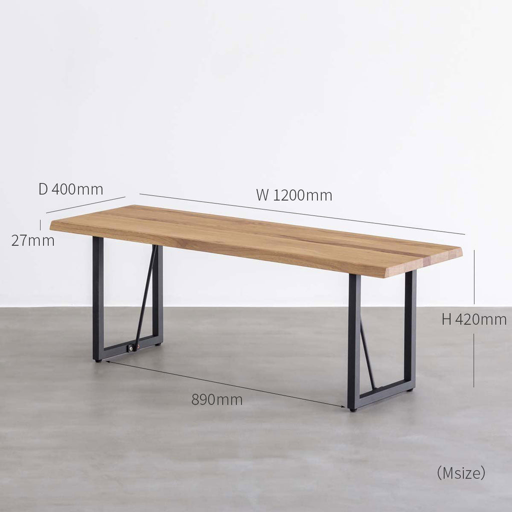 Mサイズオーク無垢材ベンチ・天板の脚クローズ（寸法画像）