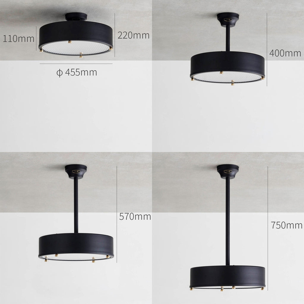 調光調色機能付き、高さを変えられるスチール製シーリングランプ（サイズ画像）