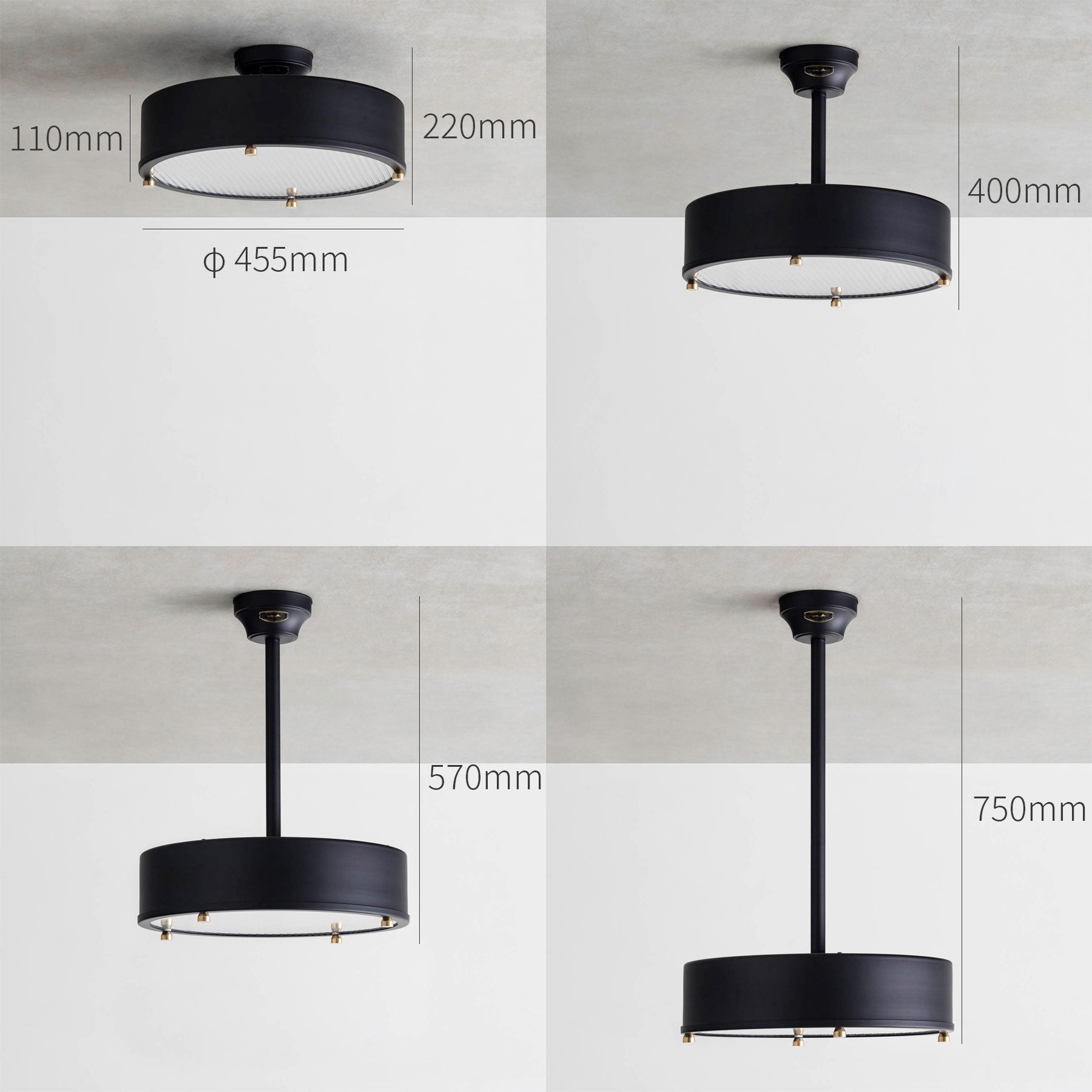 調光調色機能付き、高さを変えられるスチール製シーリングランプ（サイズ画像）