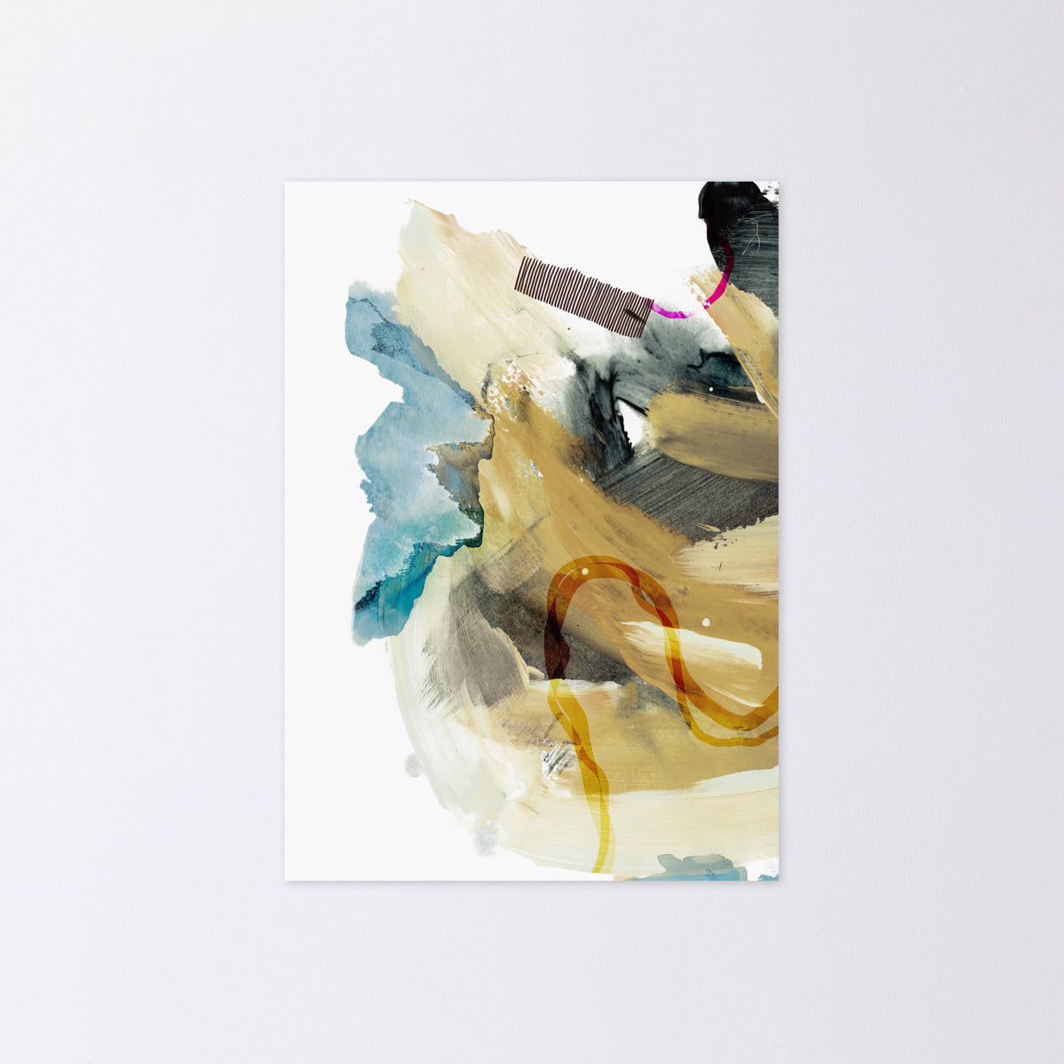 Kanademonoのアースカラー＋ブルーをアクセントに多様なタッチで描いた抽象画水彩アートA2