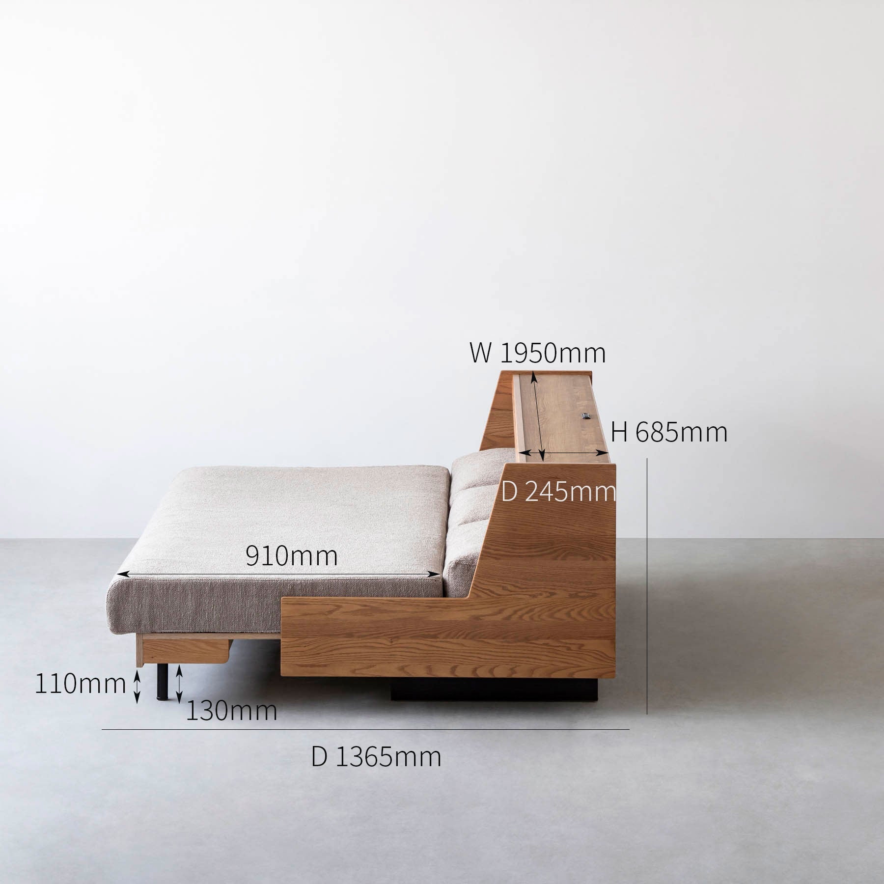 オーク無垢材とベージュのファブリックを使ったスタイルチェンジできるソファベッド（サイズ画像2）