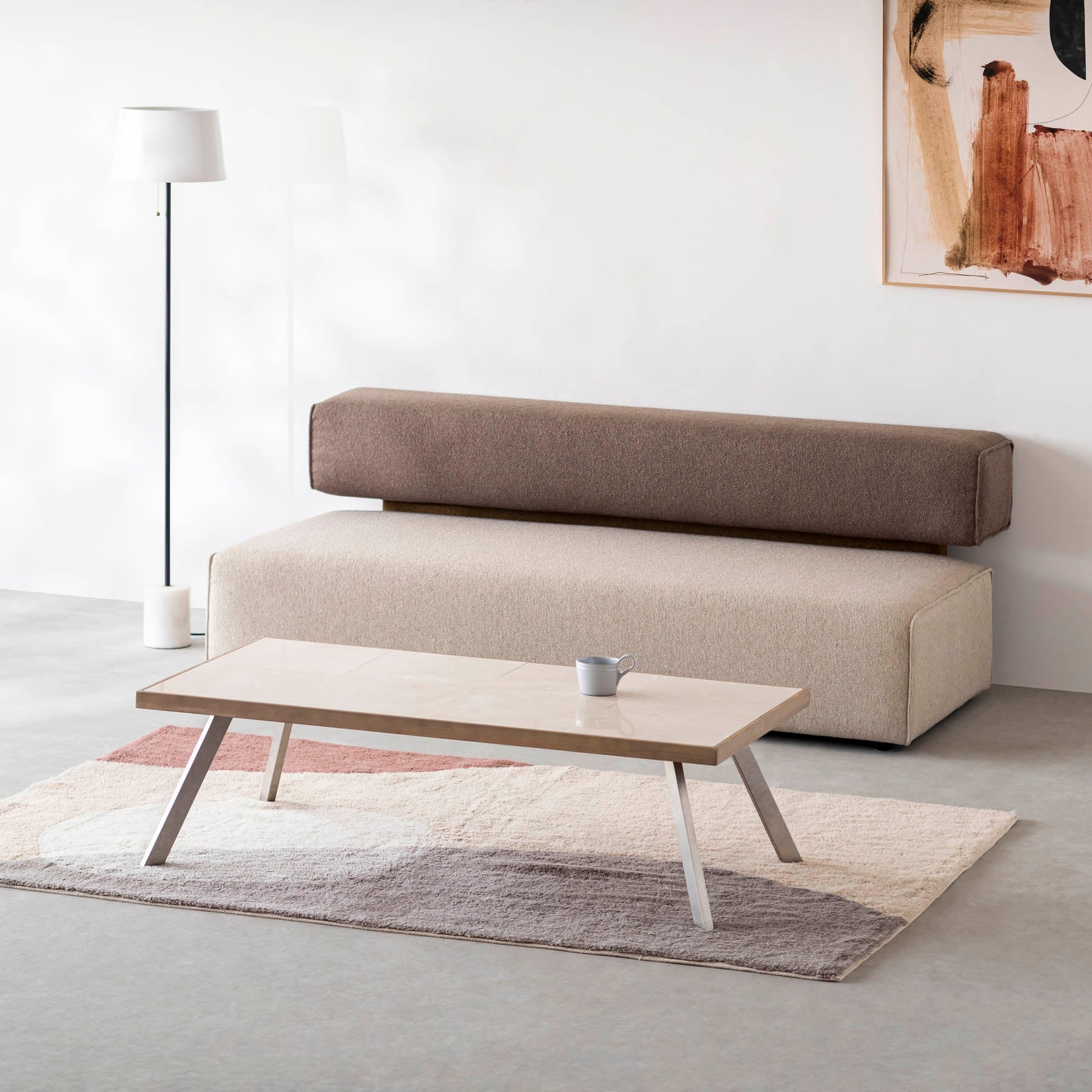 異なる色のボックスを組み合わせたアームレス2シーターソファ（ベージュ）