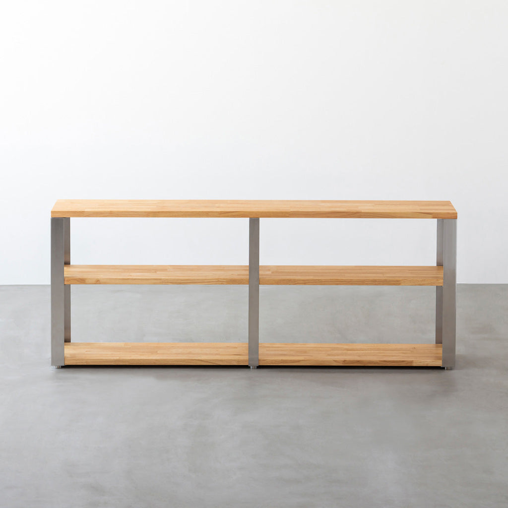 KANADEMONOのラバーウッドナチュラルの棚板とステンレス脚のストレージシェルフM(正面)