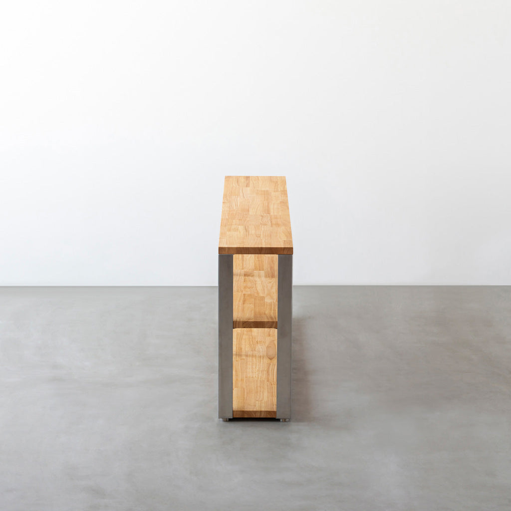 KANADEMONOのラバーウッドナチュラルの棚板とステンレス脚のストレージシェルフM(側面)