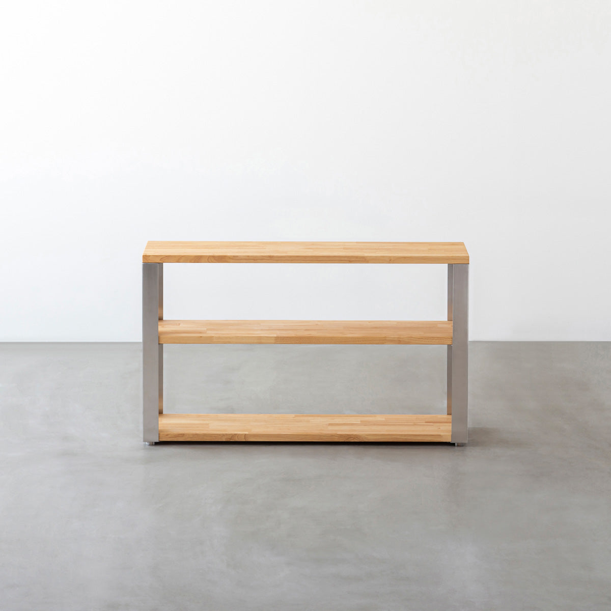 KANADEMONOのラバーウッドナチュラルの棚板とステンレス脚のストレージシェルフS(正面)