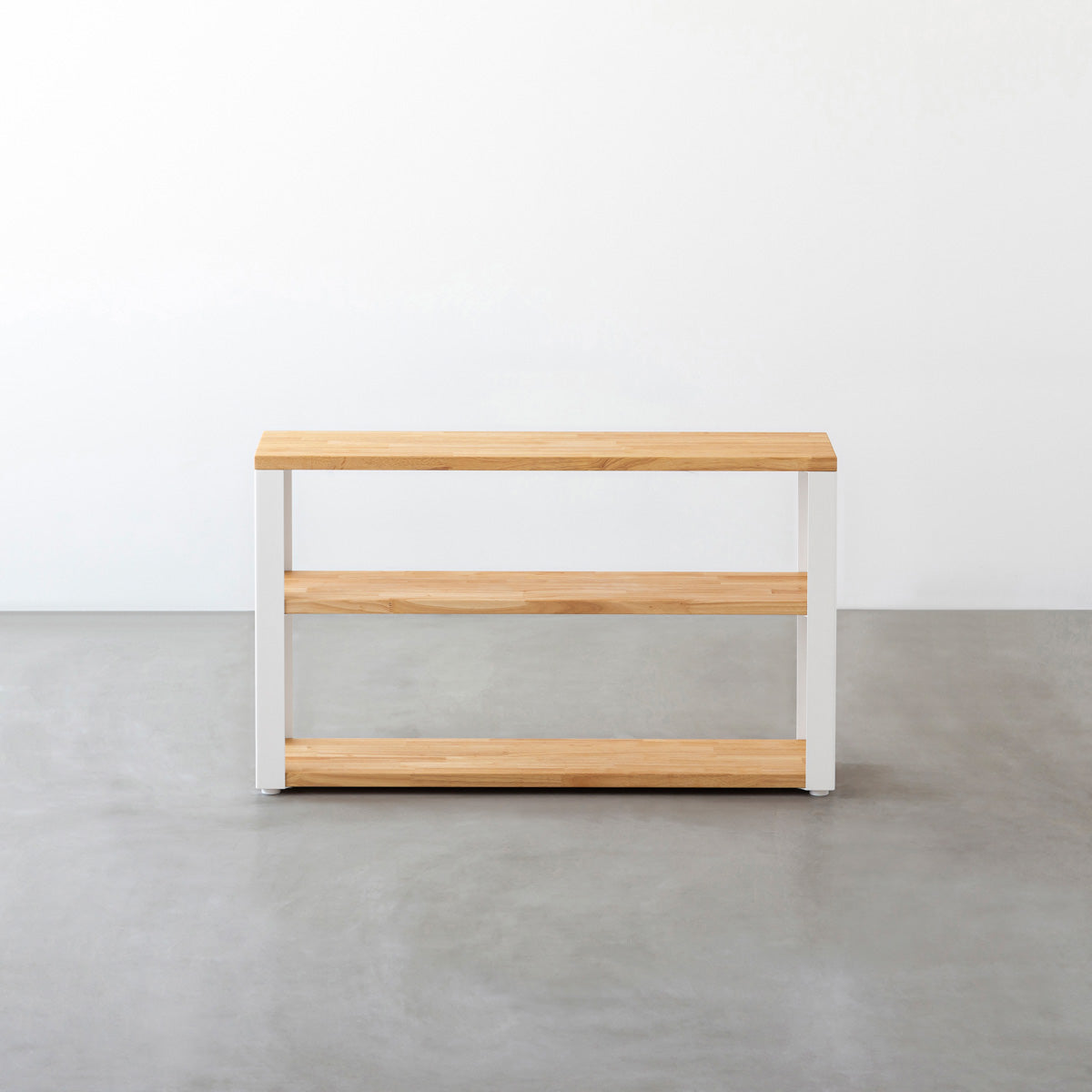 KANADEMONOのラバーウッドナチュラルの棚板とホワイトの鉄脚のストレージシェルフS(正面)