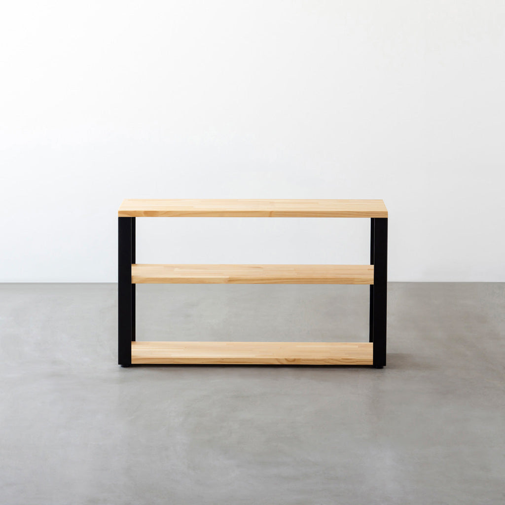 KANADEMONOのパイン材とマットブラックの鉄脚のストレージシェルフS（正面）
