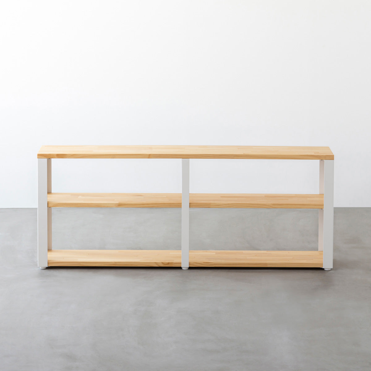 KANADEMONOのパイン材とホワイトの鉄脚のストレージシェルフS(正面)