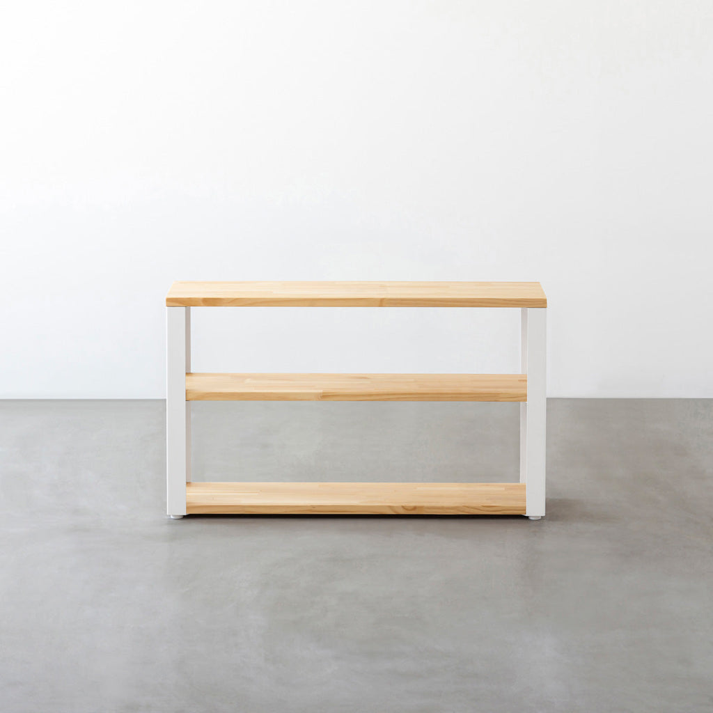 KANADEMONOのパイン材とホワイトの鉄脚のストレージシェルフS(正面)