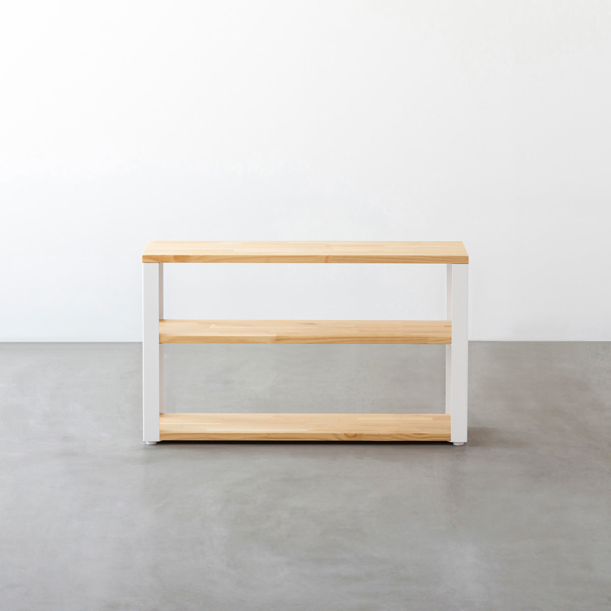 KANADEMONOのパイン材とホワイトの鉄脚のストレージシェルフS(正面)